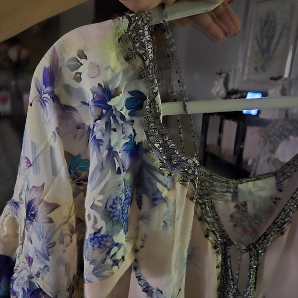 Camilla Multicolor Pink Floral Embellished Flutter Sleeve Open Shoulder Blouse - Picture 9 of 11